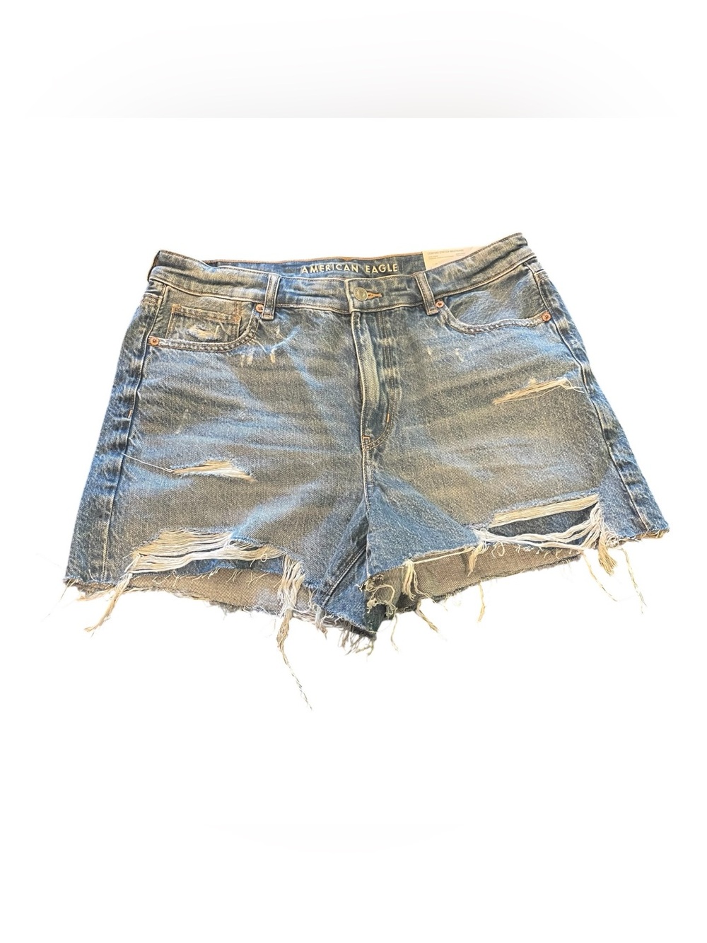 American Eagle Mom Short Women’s 14 Blue Distressed Denim Raw Hem Stretch